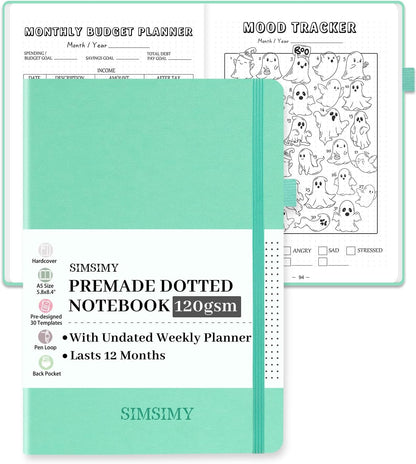 Premade Dotted Journal Notebook with Bullet Templates, Pre-made Dot Grid Journaling with Undated Weekly & Monthly Planner, Various Trackers - 12 Month Organization, A5 Hardcover
