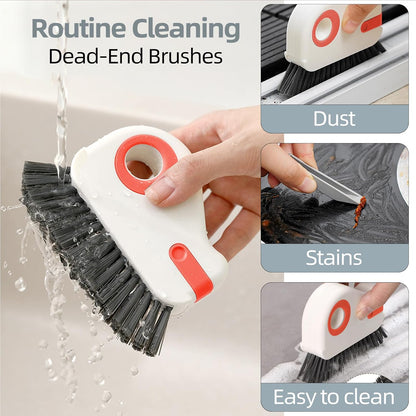 2 in 1 Groove Cleaning Brush, Grout Cleaner Tool & Multifunction Window Track Cleaner (with Hidden Scraper or Mini Dustpan) – for Glass Door Tracks, Window Sills, Sliding Doors (Orange)