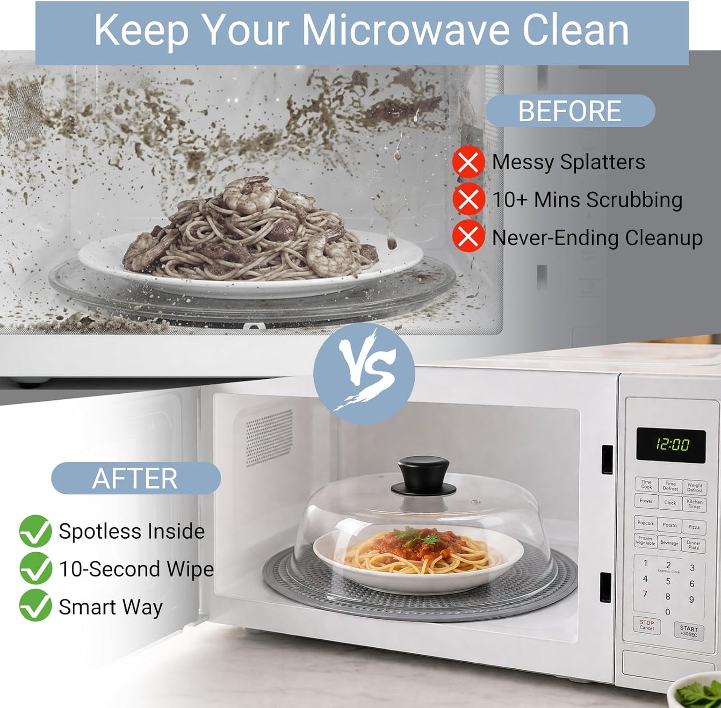 2-in-1 Glass Microwave Cover & Silicone Mat for Food, 10 Inch Borosilicate Microwave Splatter Cover with Silicone Handle & Dual Vents - BPA Free, Heat Resistant, Dishwasher Safe Splatter Guard
