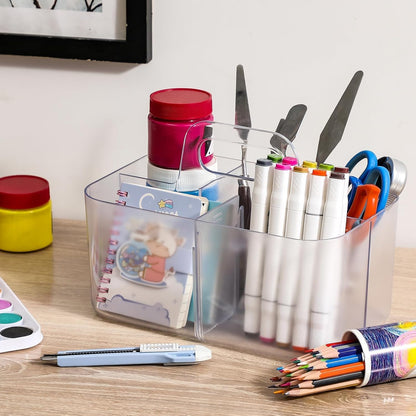 Multiuse Caddy Organizer with Handle, Portable Divided Plastic Tote Bin - Art Craft, Stationary Pen Marker Crayons, Makeup Hair Supplies Storage - Bathroom, Classroom, Dorm, Office, Desk Holder - Grey