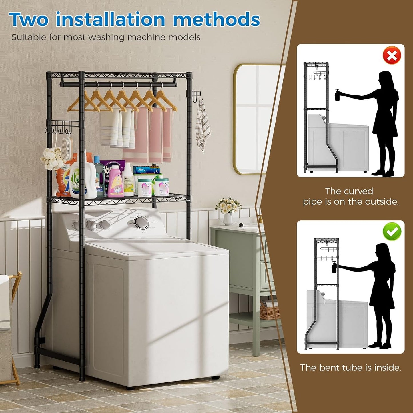 Golpart Laundry Organizer Shelves Over the Washer and Dryer Storage Shelf | Heavy Duty Laundry Room Organization Clothes Drying Rack Adjustable Height Wire Shelving and Wire Basket with Hanger Rod