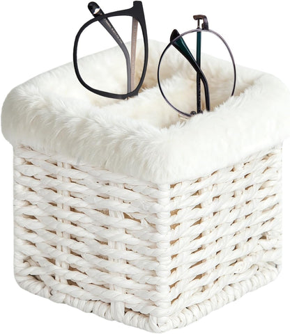 Glasses Holder, Paper Rope Plush Lined Eyeglass Holder Stand 2 slots Eyeglasses Storage Organizer for Nightstand Desk