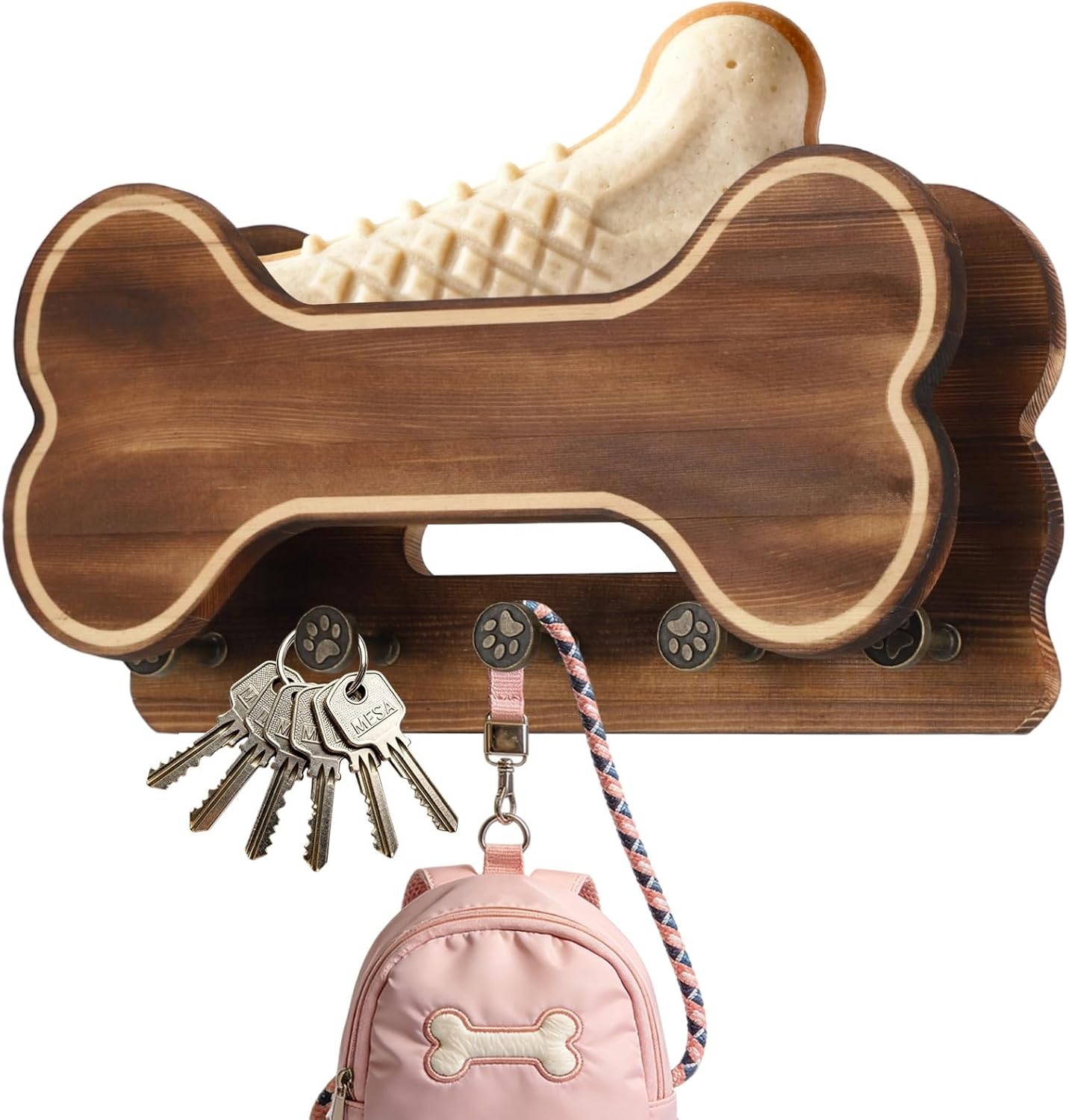 Doggie Bone Key Holder Wall Mount, Rustic Wooden Dog Leash Holder with 5 Hooks, Dog Stuff Storage Shelf, Pet Accessories Organizer for Entryway, Living Room, 11.8 x 6.1 x 3.1 in