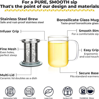 Aquach 18oz Glass Tea Cup with Infuser and Lid, Clear Borosilicate Mug | Dishwasher Safe, Borosilicate Glass, Single Walled, Stainless Steel Infuser, Ceramic Lid
