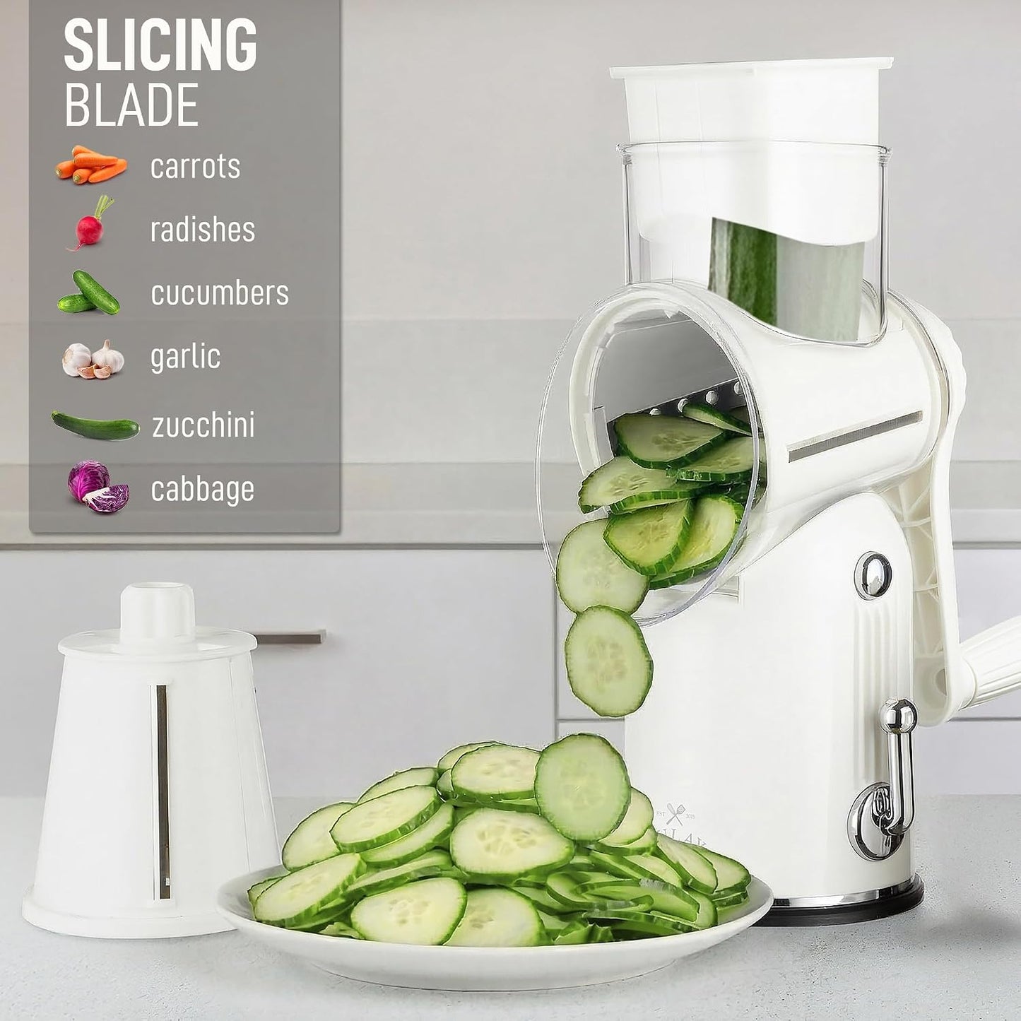 Zulay Kitchen Rotary Cheese Grater 5 Blade Cheese Shredder - Manual Hand Crank Cheese Grater With Reinforced Suction & 5 Interchangeable Drums - Easy to Use, Vegetable Chopper Round Mandoline Slicer - Colors A