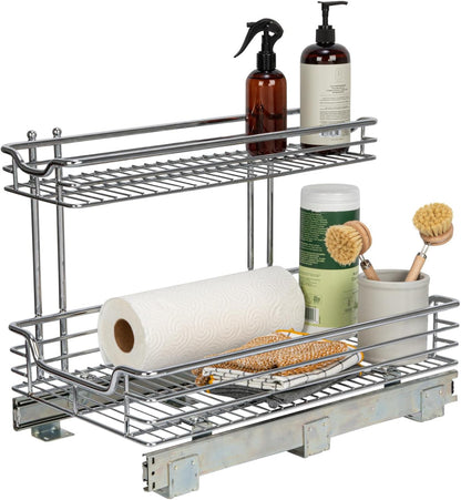 Household Essentials Glidez Multipurpose Chrome-Plated Steel Pull-Out/Slide-Out Storage Organizer for Cookware and Bakeware - 2-Tier Design - Fits Standard Size Cabinet or Shelf, Chrome