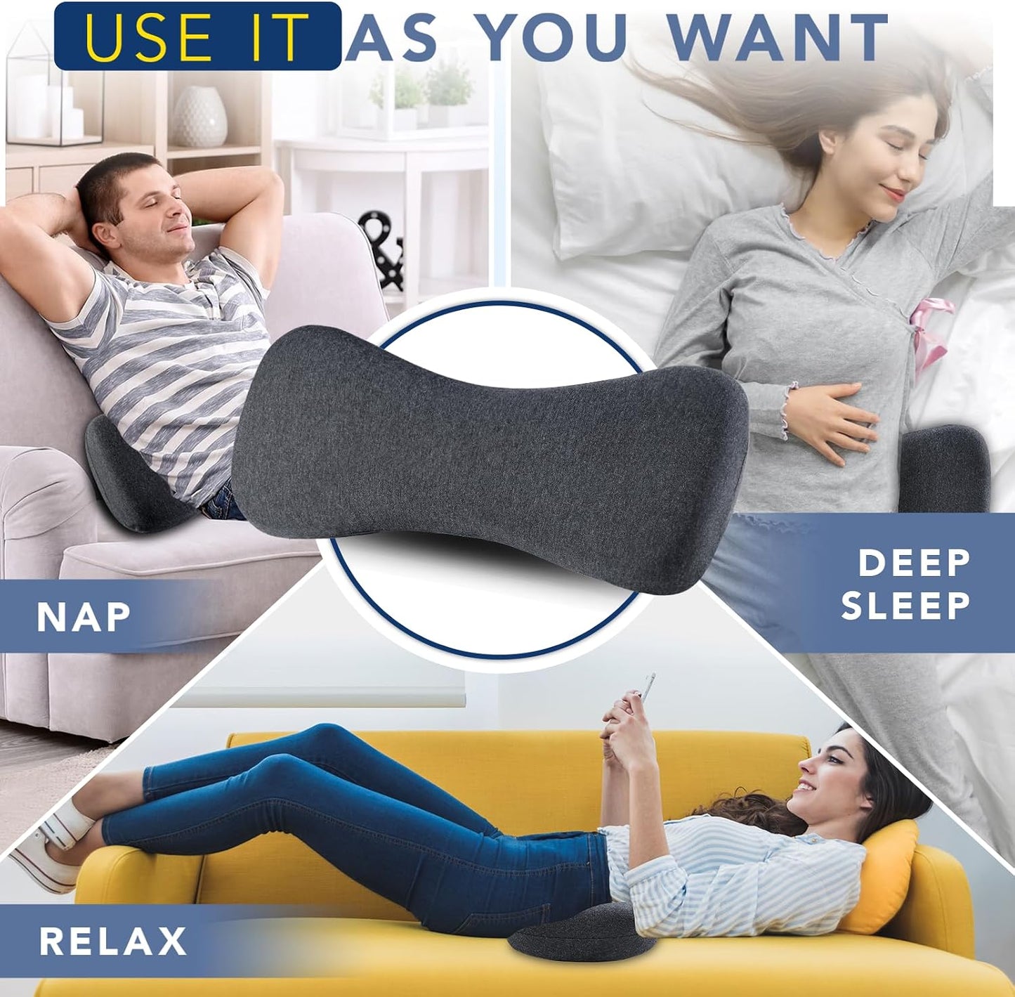 Hapiclody Lumbar Support Pillow for Sleeping Memory Foam Lumbar Pillow for Lower Back Pain Relief Back Support Pillow for Side,Back and Stomach Sleepers-Bed Wedge Bolster Pillow Bed Rest Pillow (Gray)