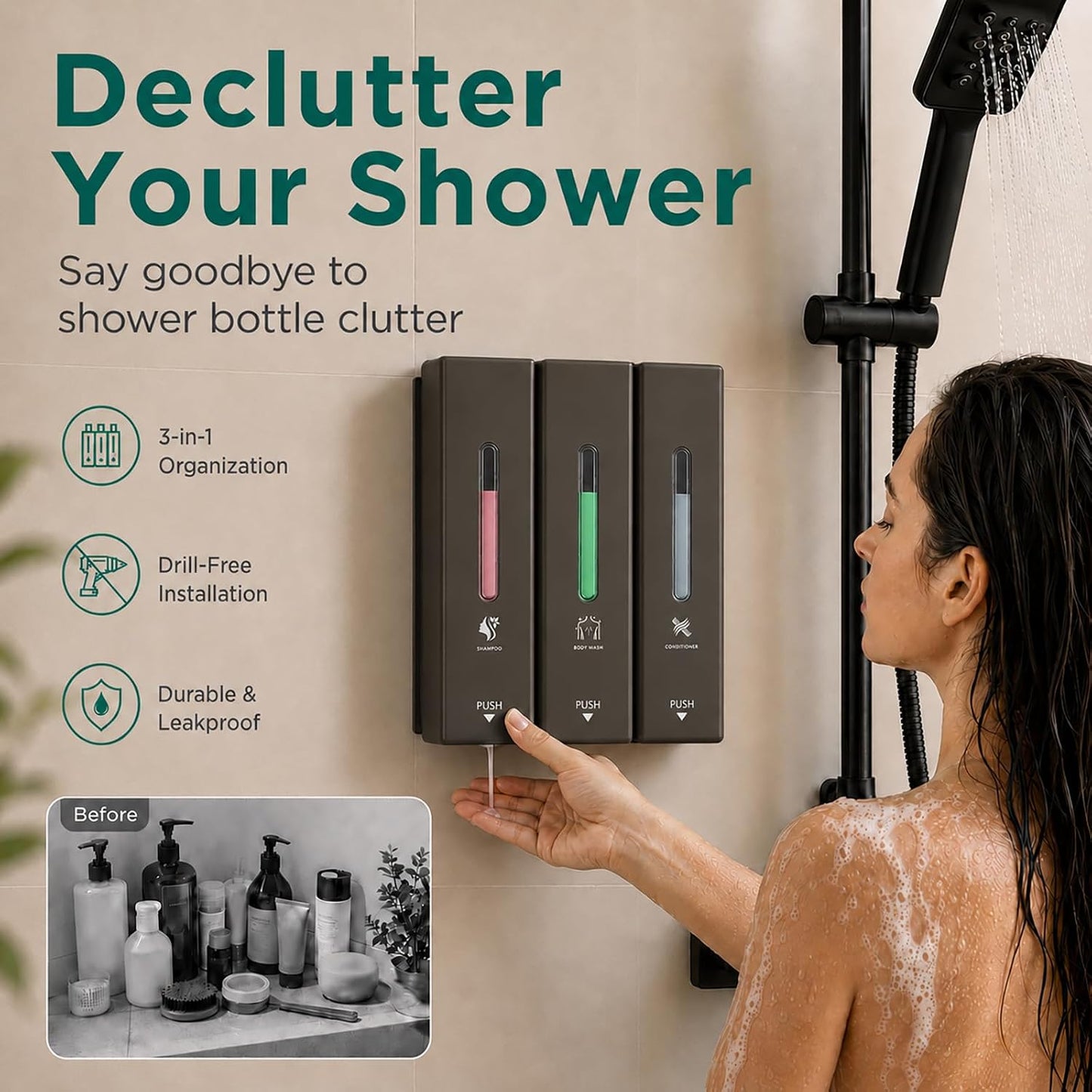 Shampoo and Conditioner Dispenser Wall Mounted, 3-Chamber Shower Soap Dispenser for Bathroom, 1200ML Large Capacity, No-Drill Installation, Clog-Free Pump for Thick Liquids (black-3-pack)