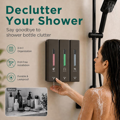 Shampoo and Conditioner Dispenser Wall Mounted, 3-Chamber Shower Soap Dispenser for Bathroom, 1200ML Large Capacity, No-Drill Installation, Clog-Free Pump for Thick Liquids (black-3-pack)