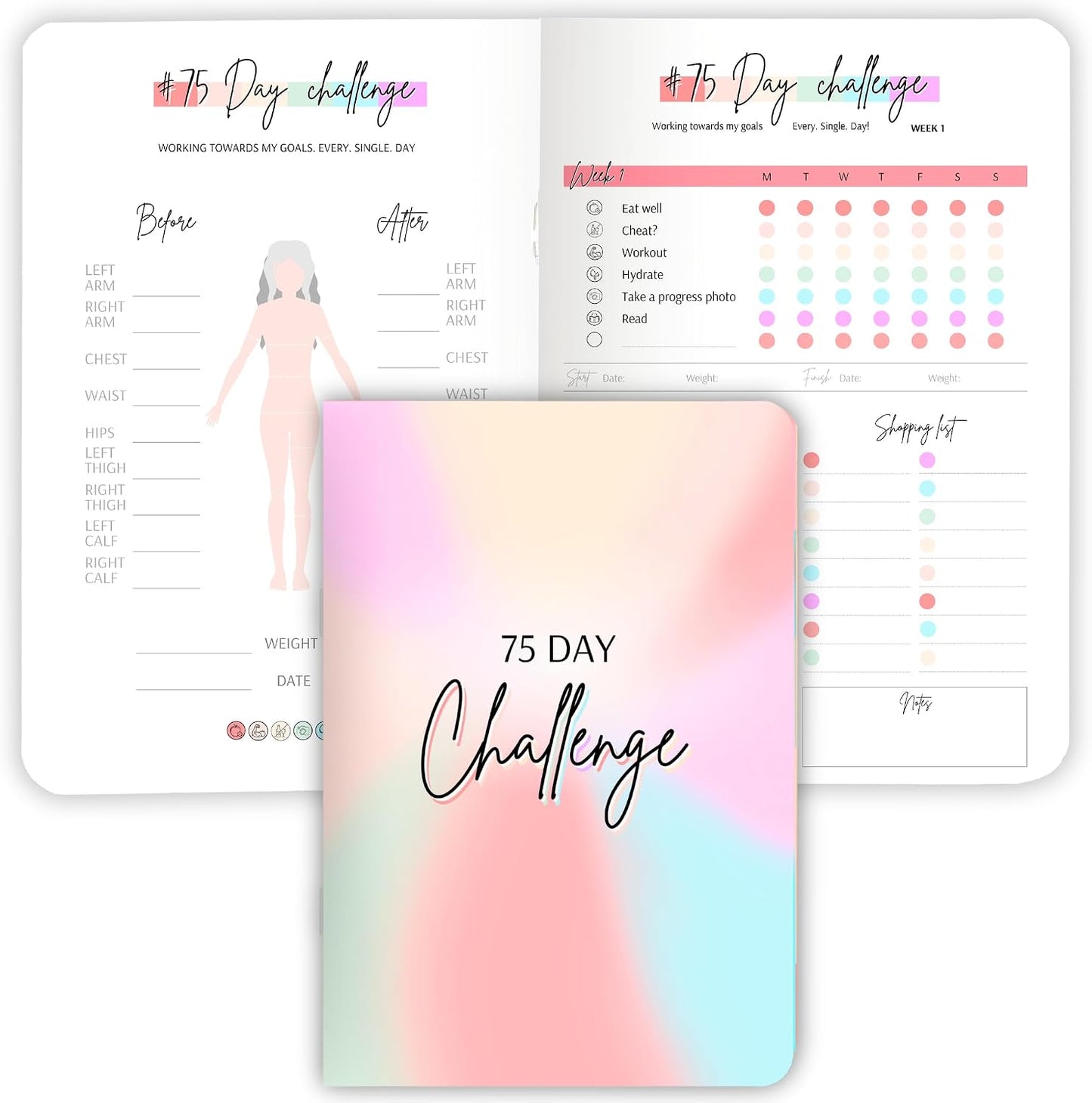 75 Day Challenge Tracker Notebook A5 | Colourful 75 Day Fitness & Habit Journal with Measurement Pages, Weekly Goal & Habit Tracker, Meal Planner, Bonus Pull-Out Poster, 120gsm Paper