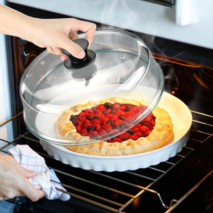 Glass Microwave Splatter Cover, Sturdy Food Plate Splatter Guard Lid | 10" Borosilicate Tempered Glass Food Cover with Easy Grip Silicone Knob & Vent Hole, BPA Free, Dishwasher Safe, No Plastic