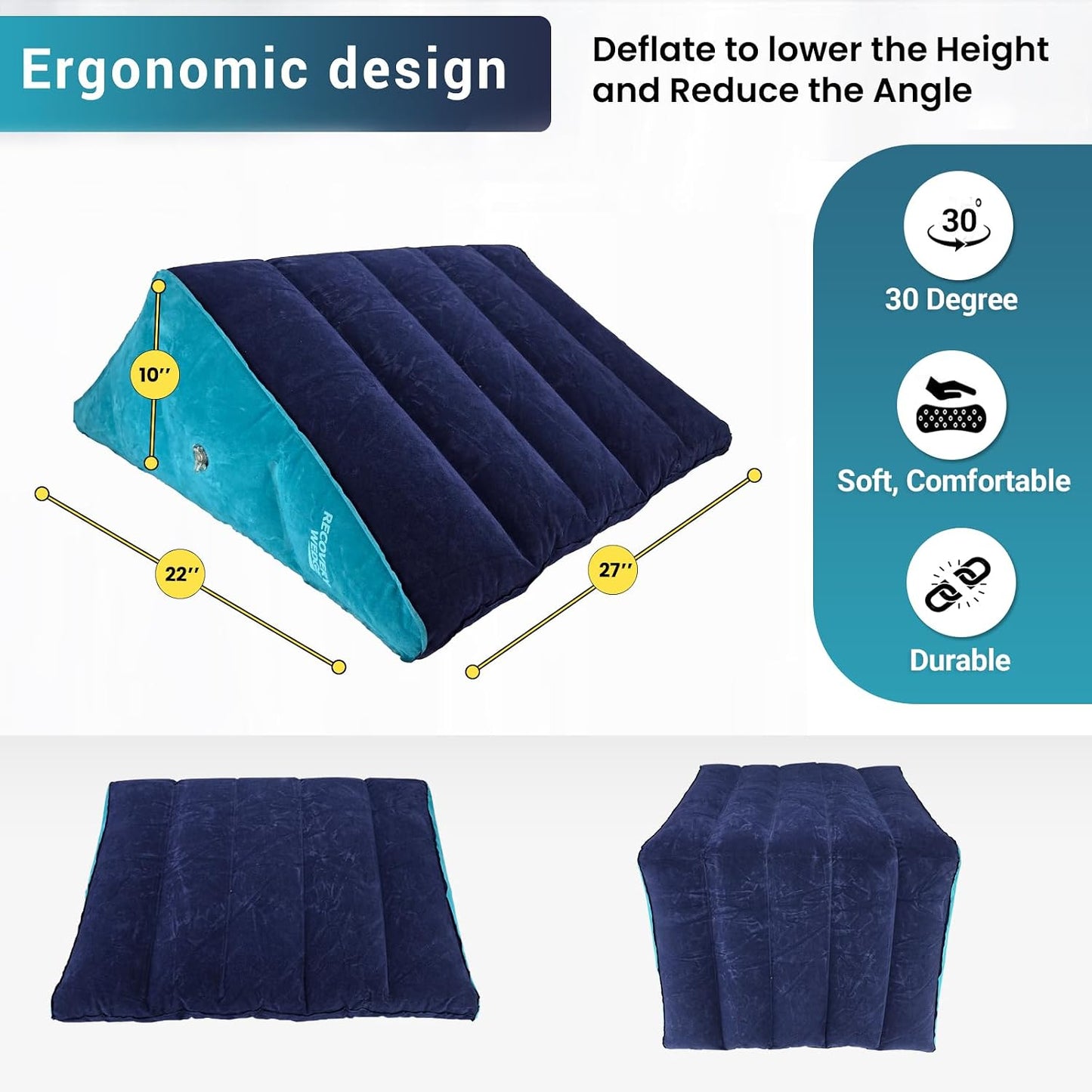 Leg Elevation Pillow by Recovery Wedge, Inflatable Wedge Pillow for Sleeping and Post-Surgical, Improve Circulation and Reduce Swelling, Speed Injury Recovery. (Large triangle)