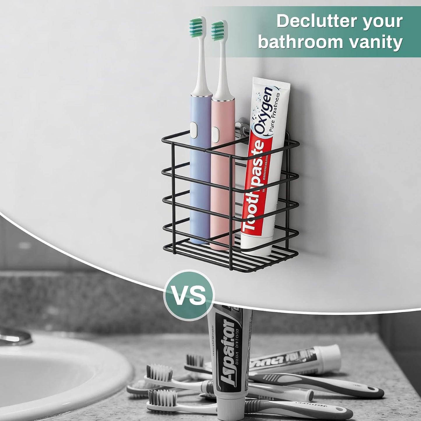 Open-Design Adhesive Shower Toothbrush Holder Wall Mounted with Drainage | Hanging Electric Tooth Brush Holder for Bathroom Wall Mirror, Metal Wall Toothpaste Storage Organizer for RV Camper, Black