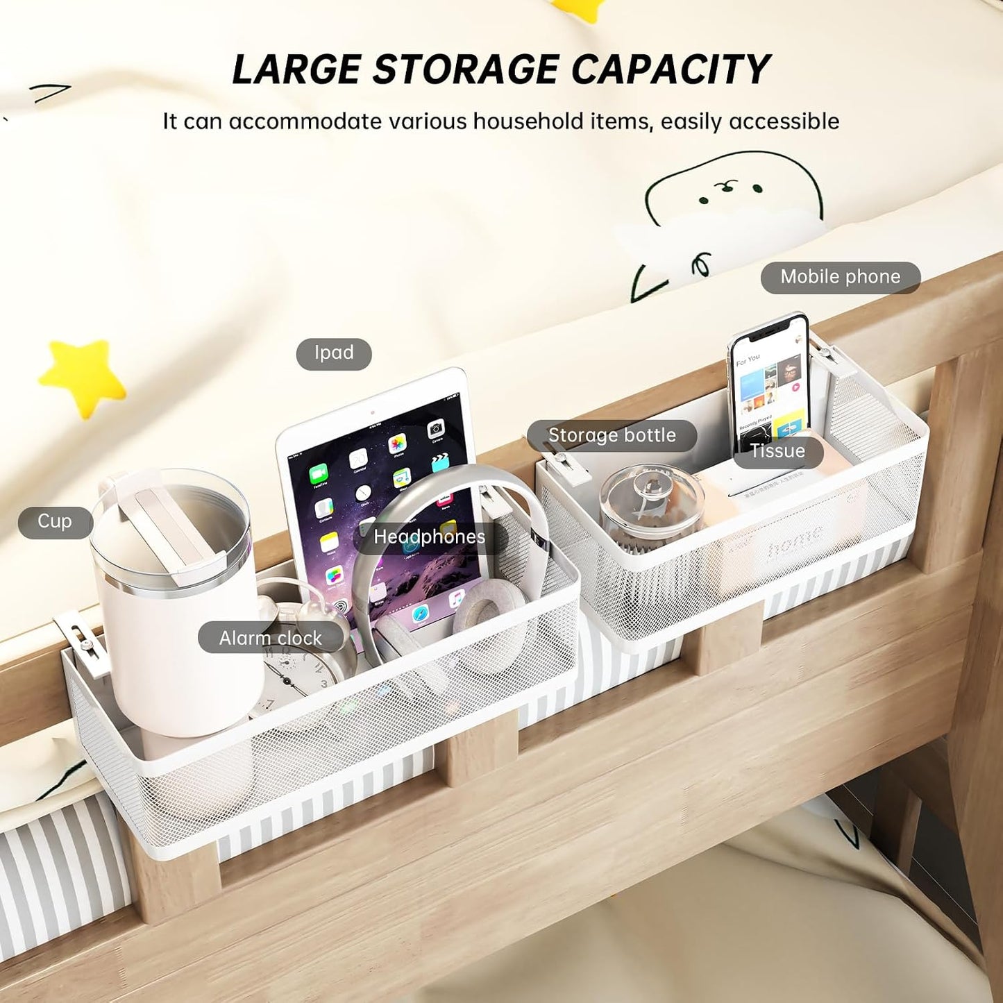 2 Pack Bedside Caddy Organizer,Bunk Bed Shelf, White | Adjustable Clamp-On Structure, Easy to Install, Holds up to 33 lbs, Fits All Types of Beds, College Dorm Room Essentials