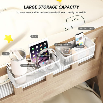 2 Pack Bedside Caddy Organizer,Bunk Bed Shelf, White | Adjustable Clamp-On Structure, Easy to Install, Holds up to 33 lbs, Fits All Types of Beds, College Dorm Room Essentials