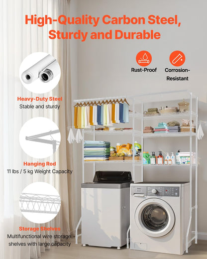 VEVOR Over the Washer and Dryer Storage Shelf, 5 Tier Laundry Room Drying Rack with Hanger Rod and Hooks, Adjustable Over Washer and Dryer Shelves, Laundry Room Shelf Storage Space Saver, White