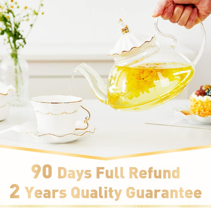 DUJUST Blooming Tea Pot Set, Luxury British Design with Relief Decor & Gold Trims, Hand-Crafted Clear Teapot with Warmer, 40oz Glass Teapot with Infuser, Stove-Safe Tea Party Gift & Home - Black