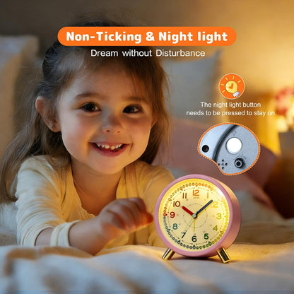 Kids Alarm Clock, Silent Non-Ticking, Analog Learning Clock for School Beginners, Stylish Round Metal Clock, Easy to Read, Battery Operated, Loud Ringing Back to School Gifts