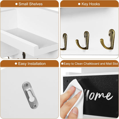 Decorative Key Hanging Rack with 8 Hooks – Easy Install Natural Wooden Key and Mail Holder for Wall Mount – Sunglasses Wallet Holder Entryway Decor with Shelf and Chalkboard (White)