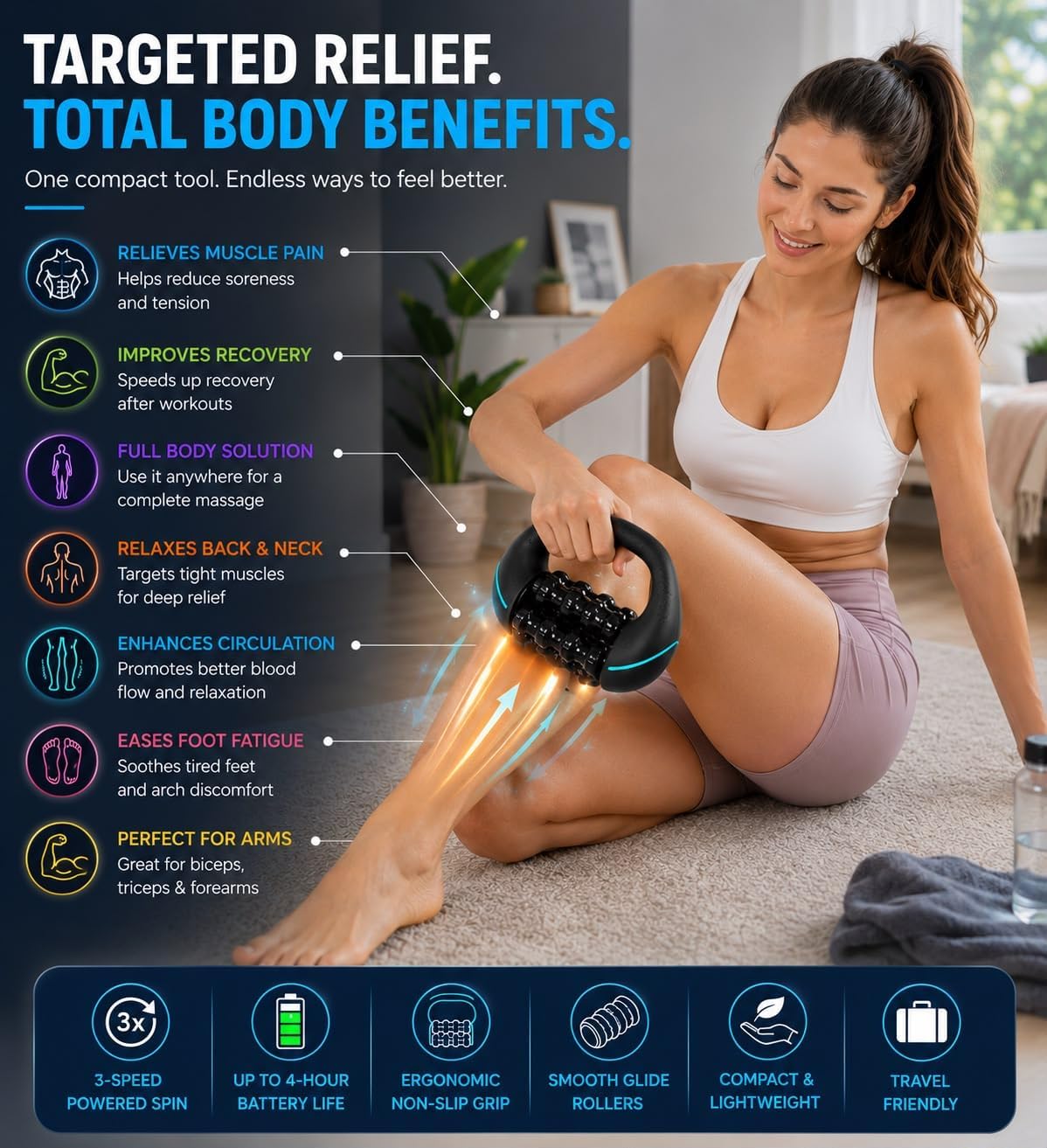 Electric Muscle Roller, Deep Tissue Percussive Electric Massager for Post-Workout & Muscle Recovery, Handheld Tool with 3-Speed Motor, 6 Heads & 24 Massage Points
