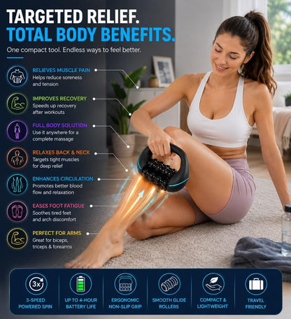 Electric Muscle Roller, Deep Tissue Percussive Electric Massager for Post-Workout & Muscle Recovery, Handheld Tool with 3-Speed Motor, 6 Heads & 24 Massage Points