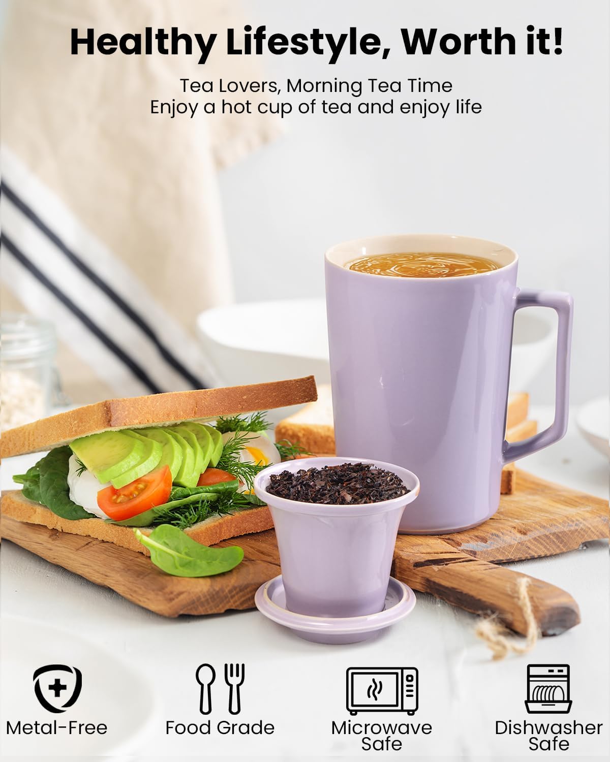 15 oz Ceramic Tea Infuser Cup with Lid - Tea Mug with All Porcelain Strainer for Loose Leaf Teas,Microwave and Dishwasher Safe,Metal-Free,BPA-Free for Tea Lovers/Birthday (Black)