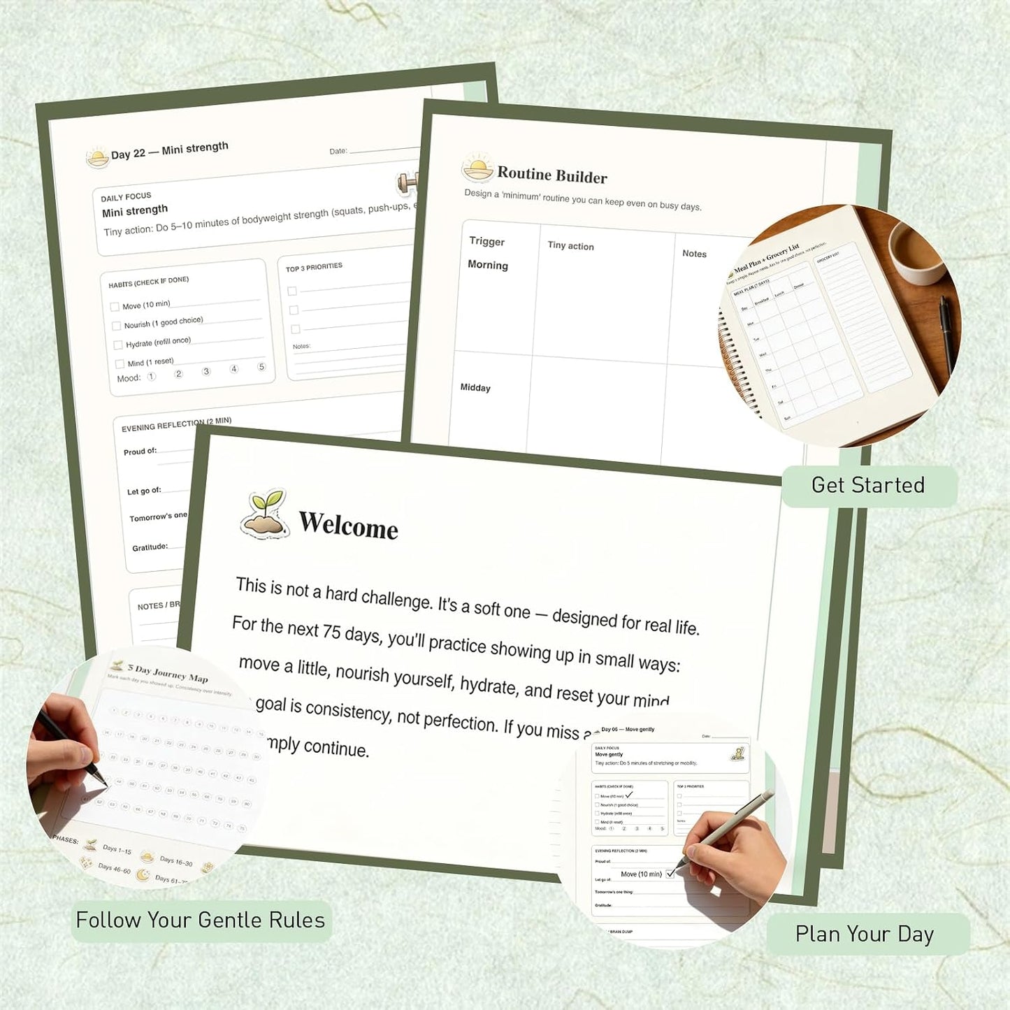 75-Day Soft Challenge Planner (Undated) – Gentle Habit Tracker & Daily Wellness Journal, 5-Minute Routine, Tiny Actions System, Reflection Prompts, Milestone Check-Ins