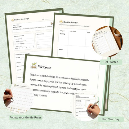 75-Day Soft Challenge Planner (Undated) – Gentle Habit Tracker & Daily Wellness Journal, 5-Minute Routine, Tiny Actions System, Reflection Prompts, Milestone Check-Ins