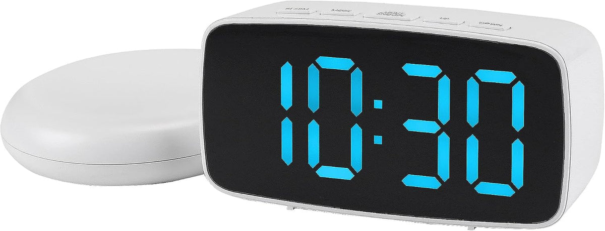 Dimmable LED Alarm Clock 2-Level Brightness, Wired Shaker, Snooze Function, Fits Bedside Table 4.7" L x 1.6" W x 2.4" H White Housing with Blue Light
