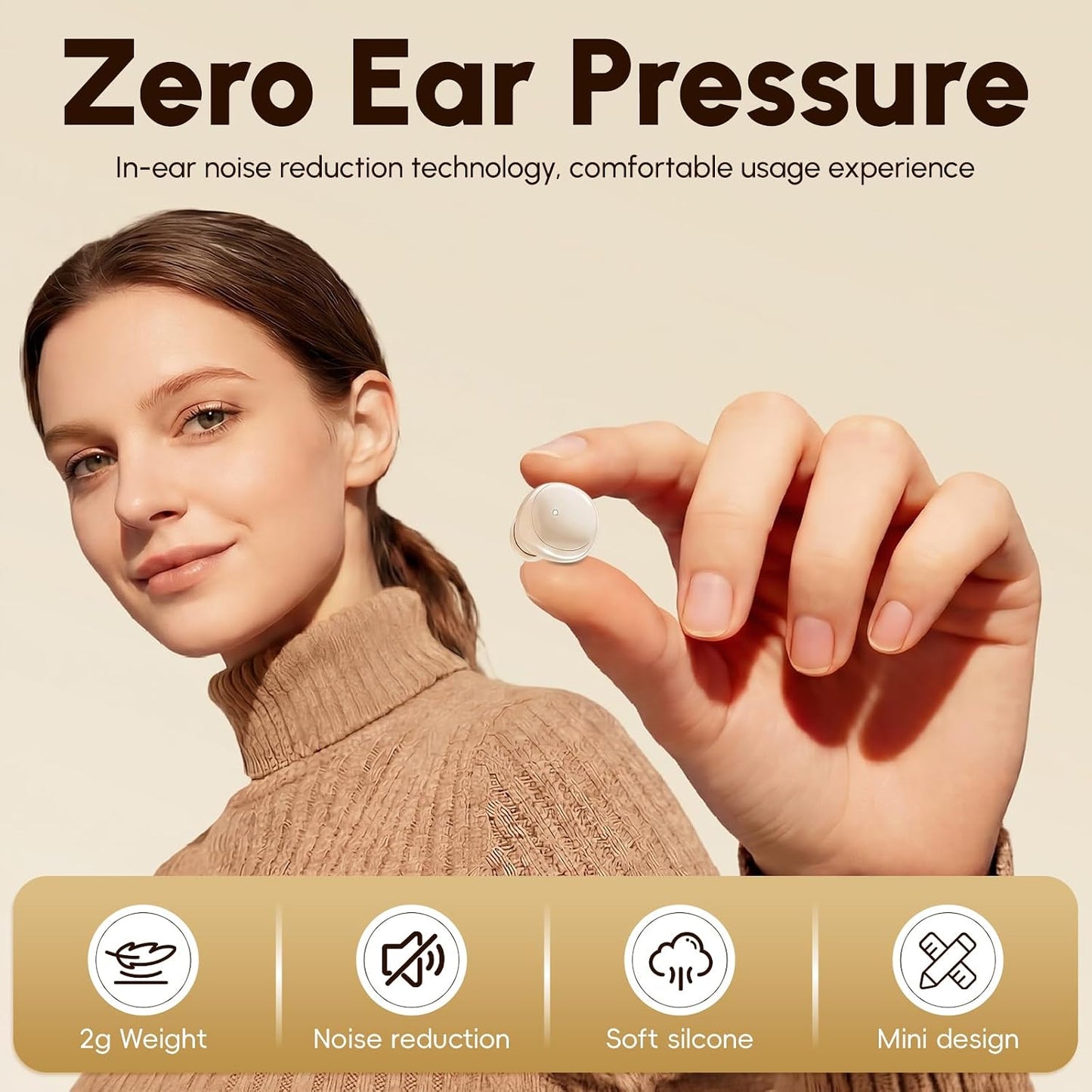 Sleep Earbuds for Side Sleepers, 2 in 1 Mini Earbuds Wireless Bluetooth for Sleeping, Discreet in-Ear Earphones for Small Ear Canals, Noise Cancelling, Small Ear Buds for Travel, Work, Relax(Beige)
