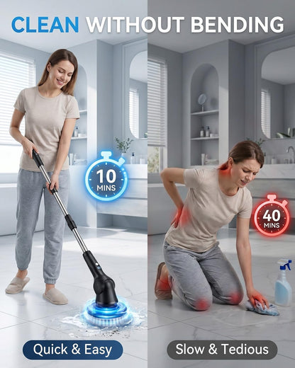 Electric Spin Scrubber, 3-Speed Shower Scrubber with Long Handle & 10 Replaceable Brush Heads, Cordless Full-Body IPX7 Waterproof Shower Cleaner Brush with 90 Mins Runtime for Bathroom