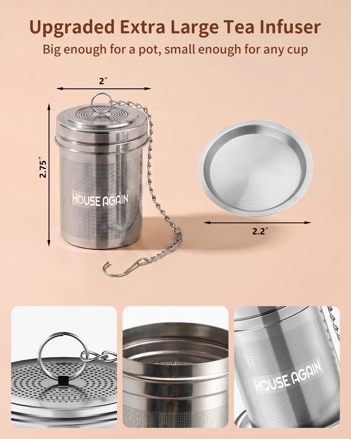 House Again Tea Infusers, Extra Fine Mesh Tea Strainers for Loose Tea, Updated Slim Threaded Lid & 304 Stainless Steel, Filter Bags Diffusers, Loose Leaf Tea Steeper for Brew Tea Spices & Seasonings
