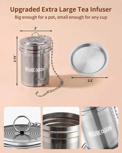 House Again Tea Infusers, Extra Fine Mesh Tea Strainers for Loose Tea, Updated Slim Threaded Lid & 304 Stainless Steel, Filter Bags Diffusers, Loose Leaf Tea Steeper for Brew Tea Spices & Seasonings