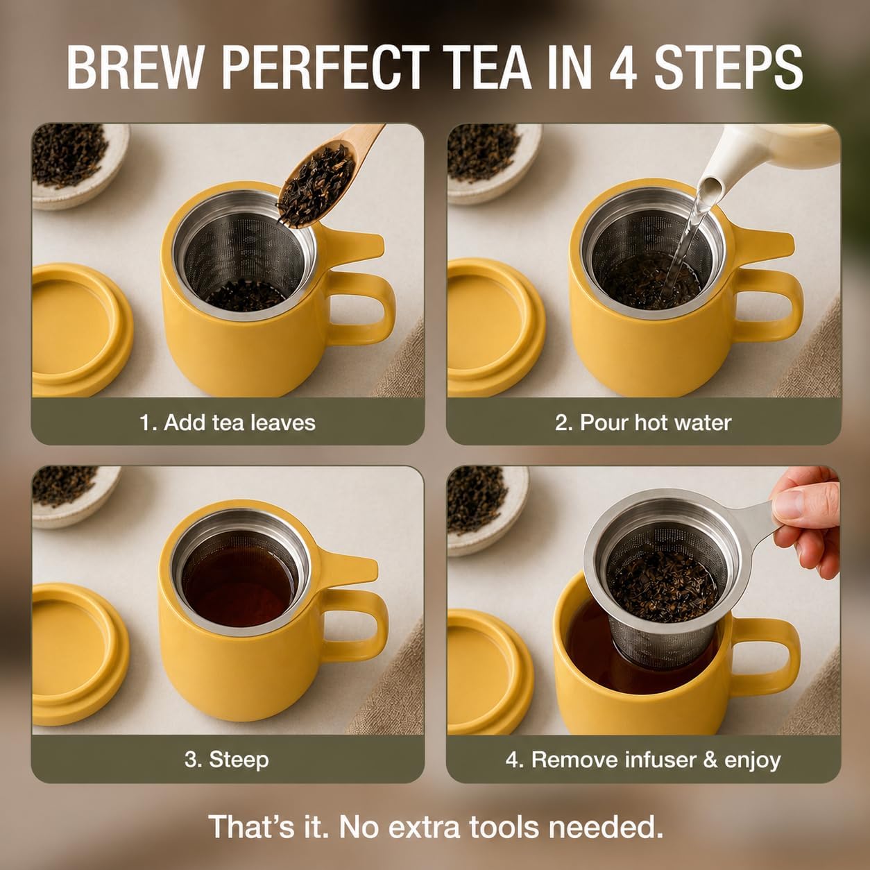 Tealyra - Sumo Porcelain Loose Tea Steeping Mug - 15oz/450 ml Ceramic Tea Cup with Infuser and Lid/Coaster - Extra Fine Stainless Steel Infusion Strainer - For Home or Office - Yellow