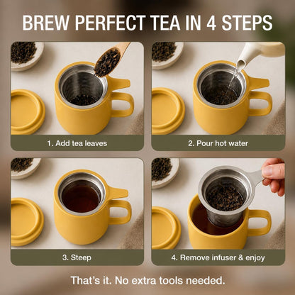 Tealyra - Sumo Porcelain Loose Tea Steeping Mug - 15oz/450 ml Ceramic Tea Cup with Infuser and Lid/Coaster - Extra Fine Stainless Steel Infusion Strainer - For Home or Office - Yellow