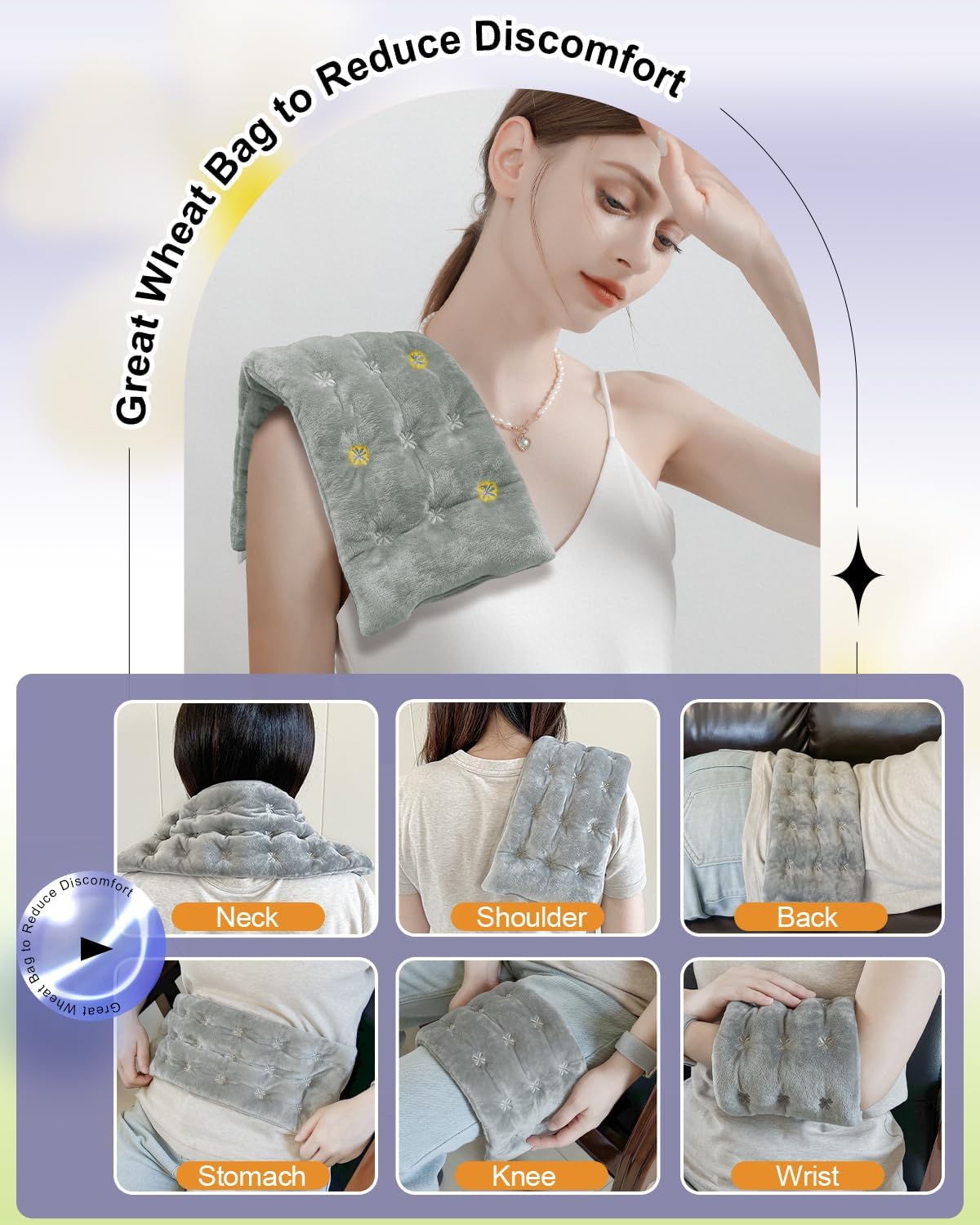 COMOIL Microwave Heating Pad 6 * 16'' Hot Pad for Neck, Shoulder, Period Cramps& Back Portable Warm Compress Weighted Moist Heating Pad, Unscented Grey