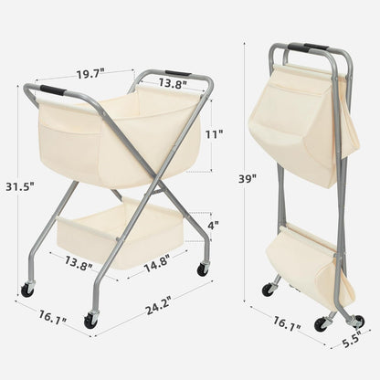 STORAGE MANIAC Collapsible Laundry Cart with Wheels 35.6"H Removable Canvas Bag Rolling Laundry Hamper Clothes Basket with Wheels, Sturdy Steel Frame Folding for Small Narrow Space Easy Storage, Beige