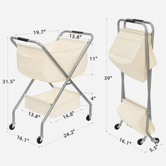 STORAGE MANIAC Collapsible Laundry Cart with Wheels 35.6"H Removable Canvas Bag Rolling Laundry Hamper Clothes Basket with Wheels, Sturdy Steel Frame Folding for Small Narrow Space Easy Storage, Beige
