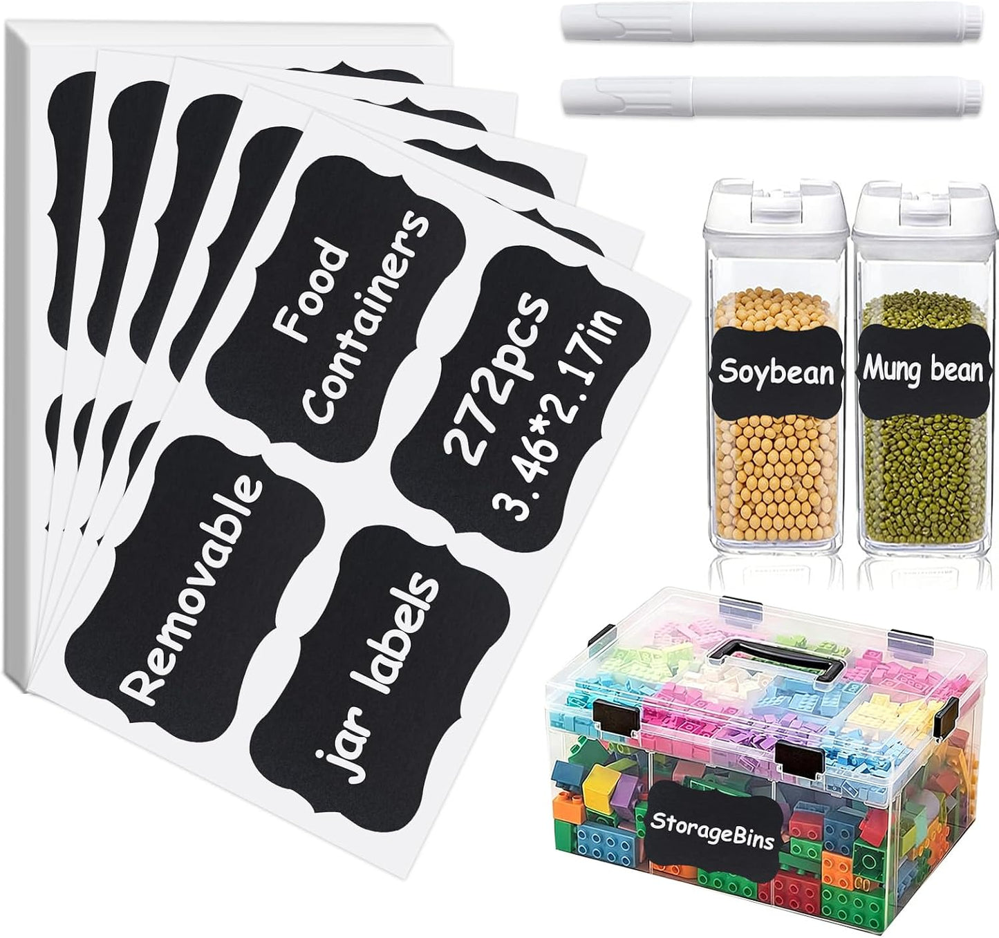 200PCS Chalkboard Labels, 13 Shapes & 3 Sizes, Reusable Blackboard Stickers | Includes 1 Liquid Chalk Marker, for Pantry Jars, Food Containers, Spice Racks & Organization
