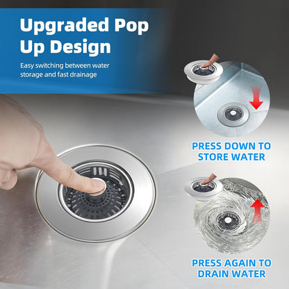 Hibbent 3 in 1 Kitchen Sink Drain Strainer, Metal Pop Up Stopper | Larger Anti-Clogging Basket, 3-Layer Seal, Detachable Sink Drain Plug for US Standard 3-1/2" Drain, Brushed Stainless Steel