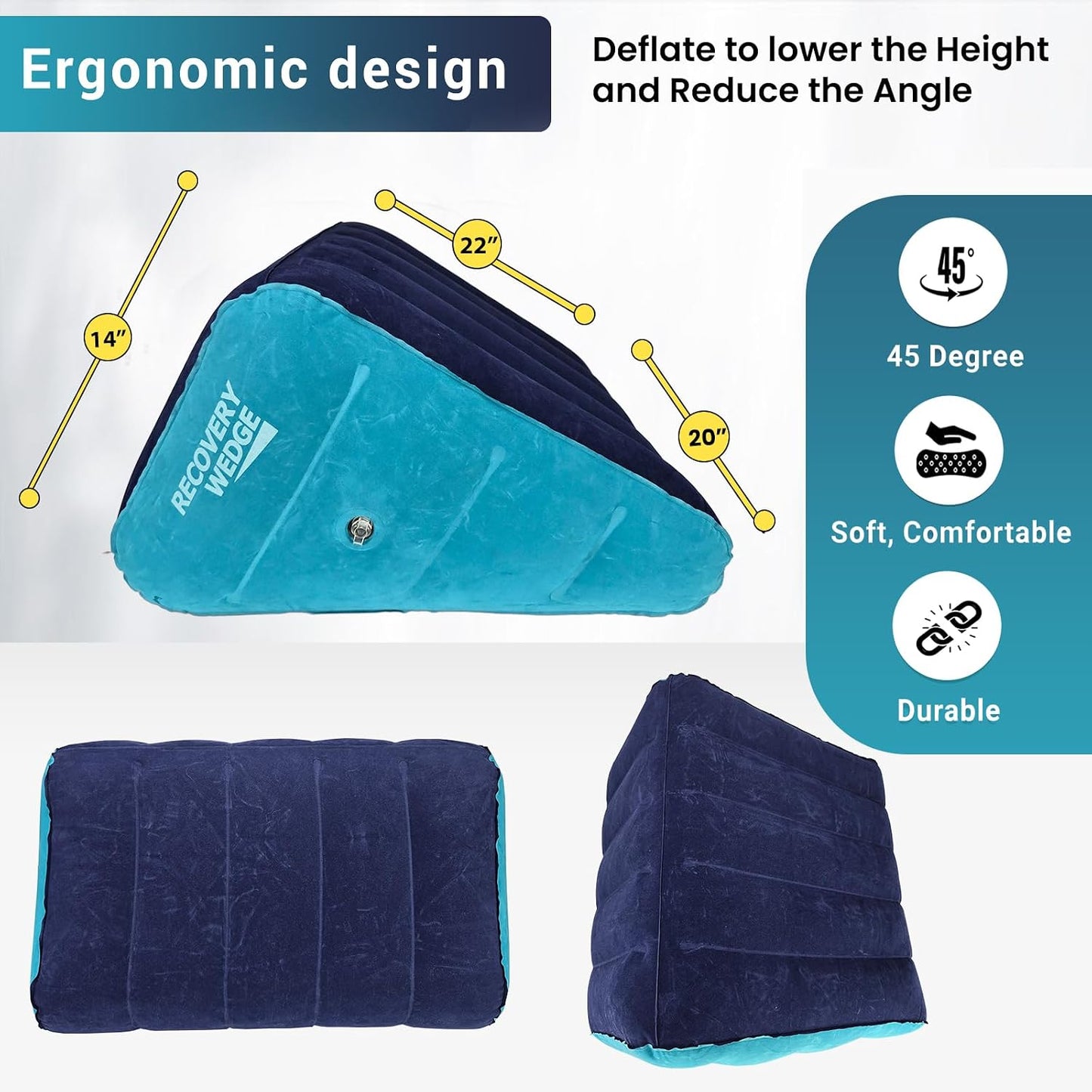 Leg Elevation Pillow by Recovery Wedge, Inflatable Wedge Pillow for Sleeping and Post-Surgical, Improve Circulation and Reduce Swelling, Speed Injury Recovery. (Large triangle)