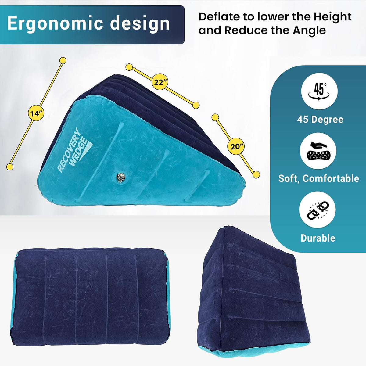 Leg Elevation Pillow by Recovery Wedge, Inflatable Wedge Pillow for Sleeping and Post-Surgical, Improve Circulation and Reduce Swelling, Speed Injury Recovery. (Large triangle)