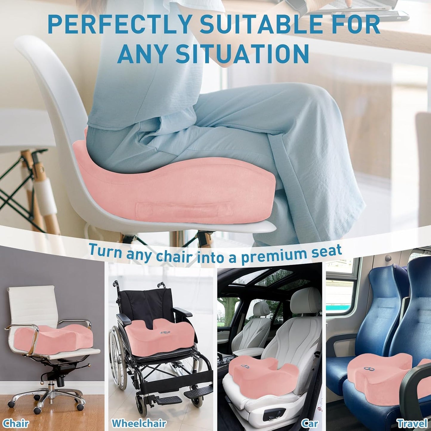 BlissTrends Memory Foam Seat Cushion for Office Chair & Car Seat, Black | 4.7in Ergonomic Tailbone & Sciatica Support with Removable Velvet Cover for Pressure Relief and Long Sitting Comfort