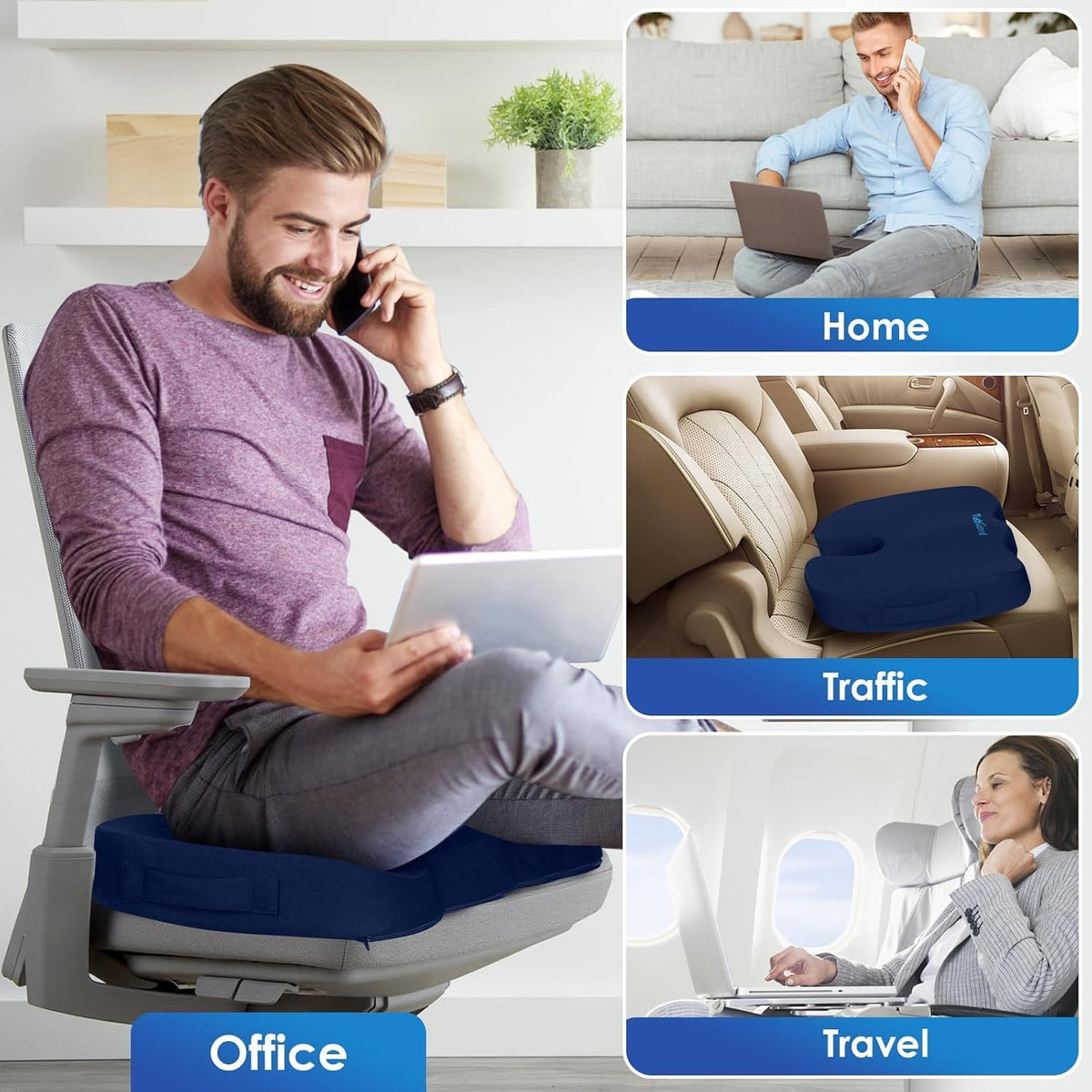 TushGuard Seat Cushion for Office Chair, Car, Memory Foam, Black Large