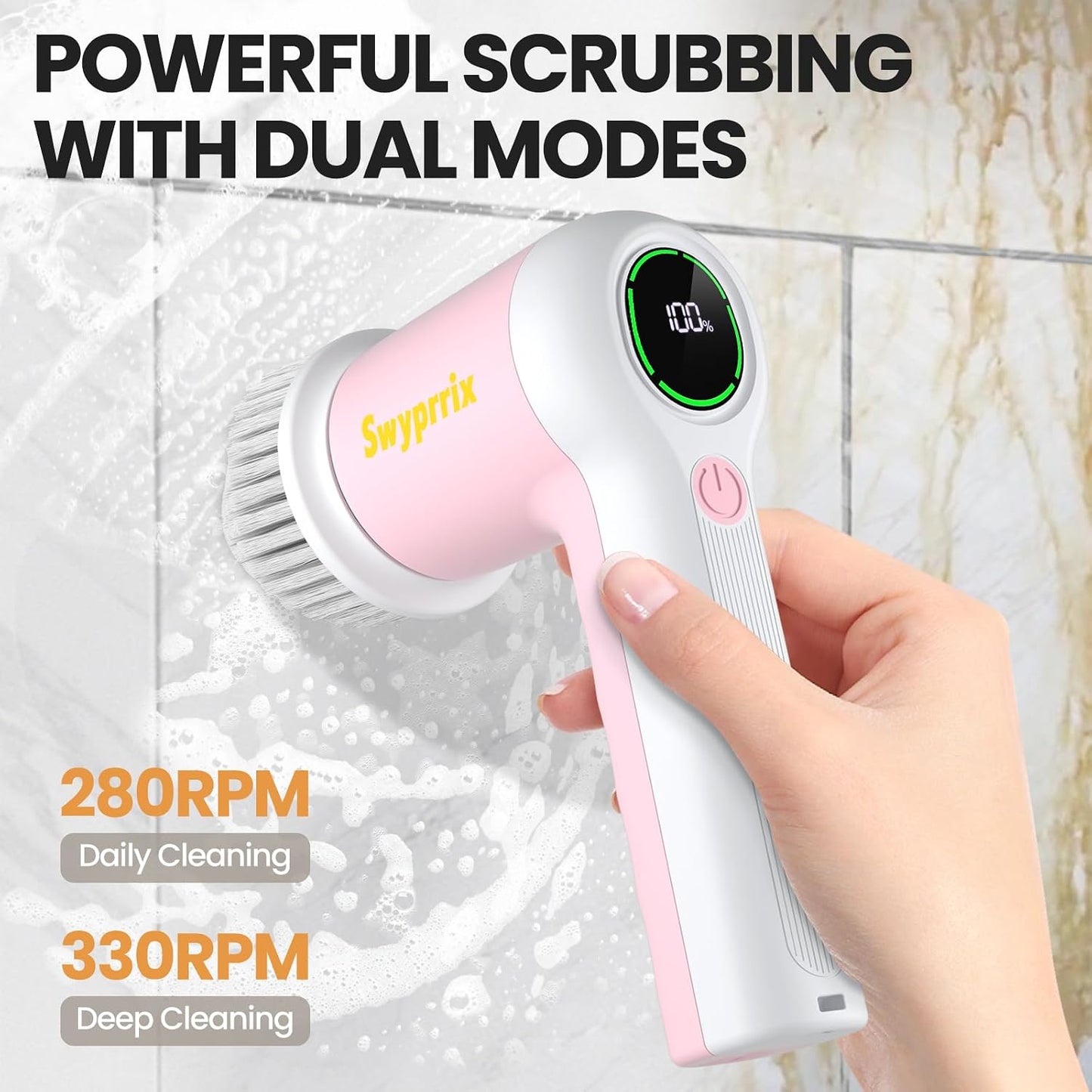 Electric Spin Scrubber for Bathroom and Shower Cleaning SD-CTB02 | 2 Speeds Cordless Power Cleaning Brush, 6 Replaceable Brush Heads, IPX7 Waterproof, For Bathroom, Sink, Tile, Kitchen, Grout