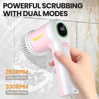 Electric Spin Scrubber for Bathroom and Shower Cleaning SD-CTB02 | 2 Speeds Cordless Power Cleaning Brush, 6 Replaceable Brush Heads, IPX7 Waterproof, For Bathroom, Sink, Tile, Kitchen, Grout