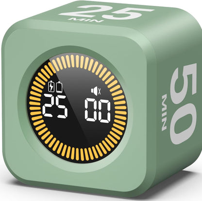 KADAMS Pomodoro Timer – Visual Cube with 5/10/30/60 Min Presets, LED Countdown Ring & Count Up Mode, Silent Flip Productivity Timer for Study, Classroom, Office, Cooking (Green 5-10-30-60 min)