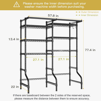 U13 Medium Over Washer and Dryer Storage Shelves, 6 Tiers Laundry Rack | Metal Clothes Drying Rack Space Saver with 2 Hanger Rods and Hooks, Laundry Room Standing Shelf Above Washer Dryer, White