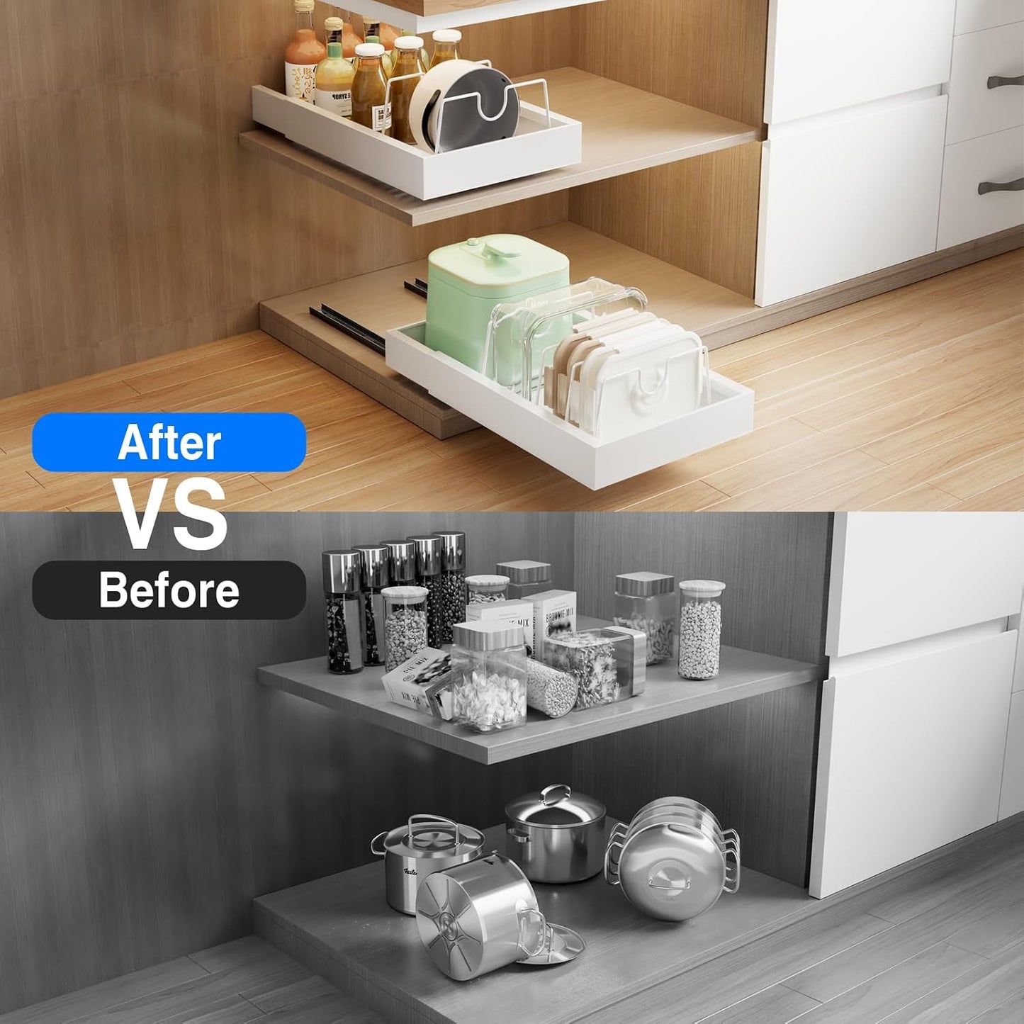 Mustorn 2 Pack Pull Out Cabinet Organizer, Slide Out Drawers for Cabinets, Peel and Stick, Heavy Duty Shelves for Kitchen, Cupboard, Pantry, Bathroom (16.5"D*11.8"W*3.94"H-Black)