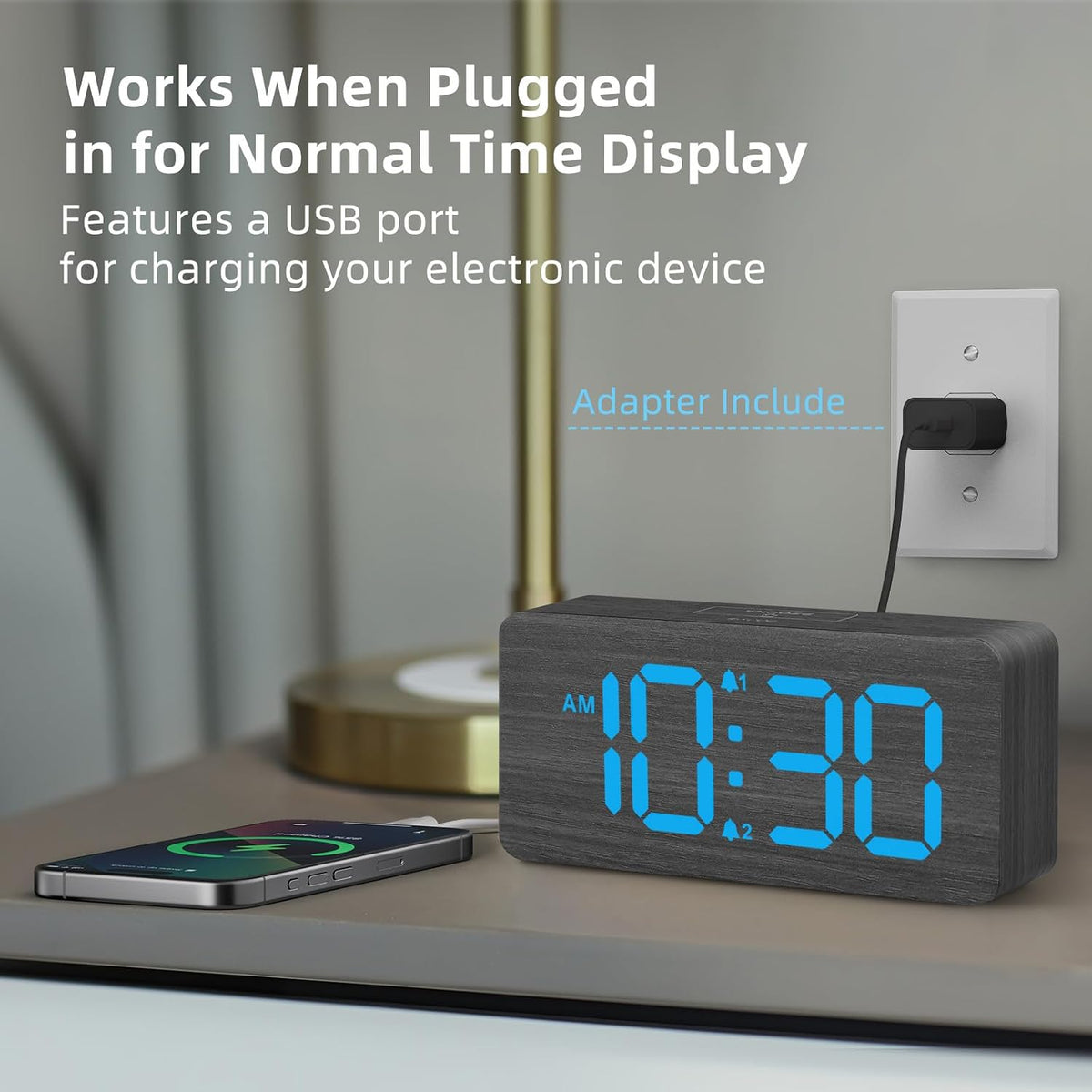 uscce Wooden Digital Alarm Clocks for Bedrooms with 0-100% Dimmable Display